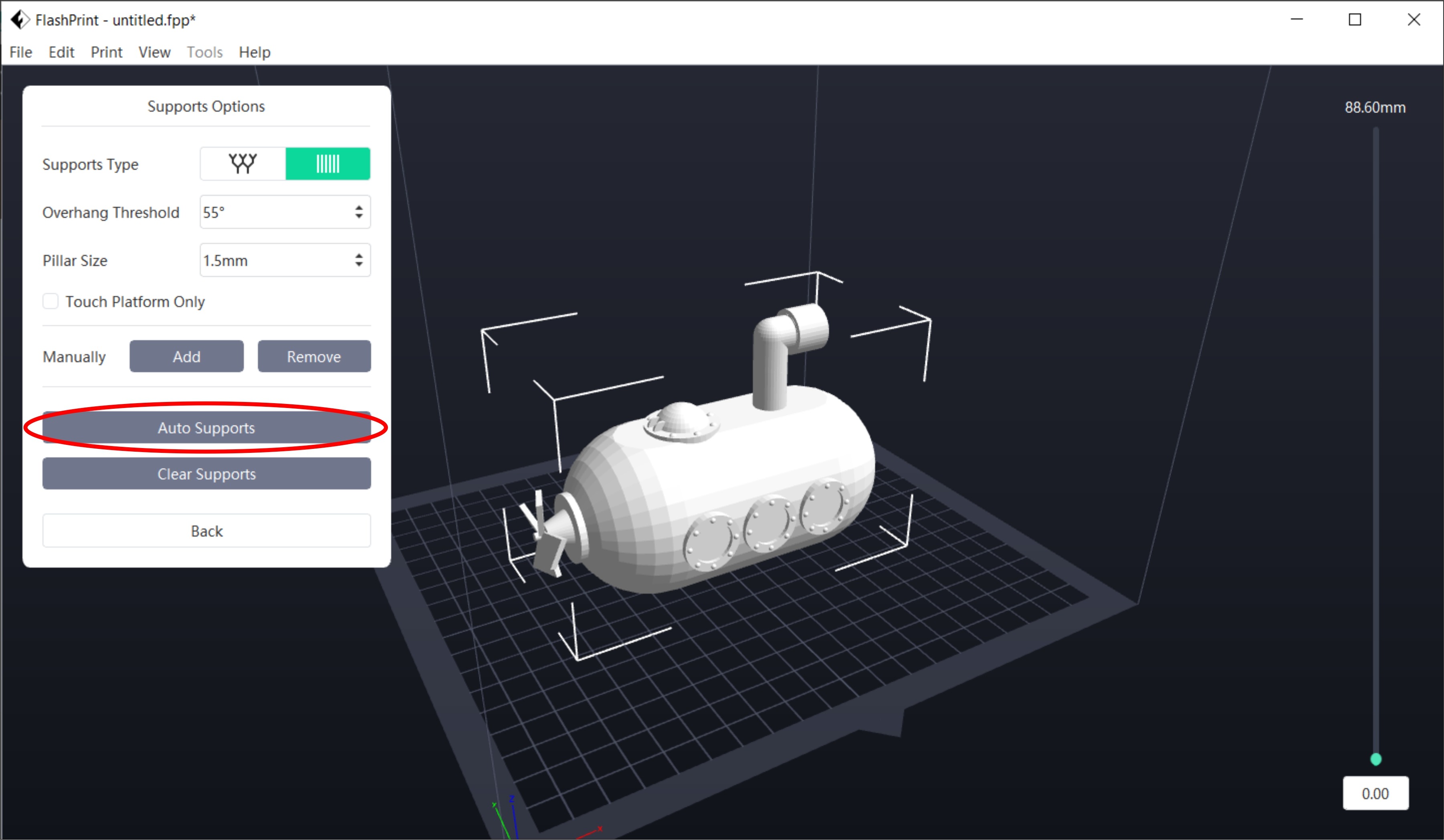 FlashPrint tree support structures on model
